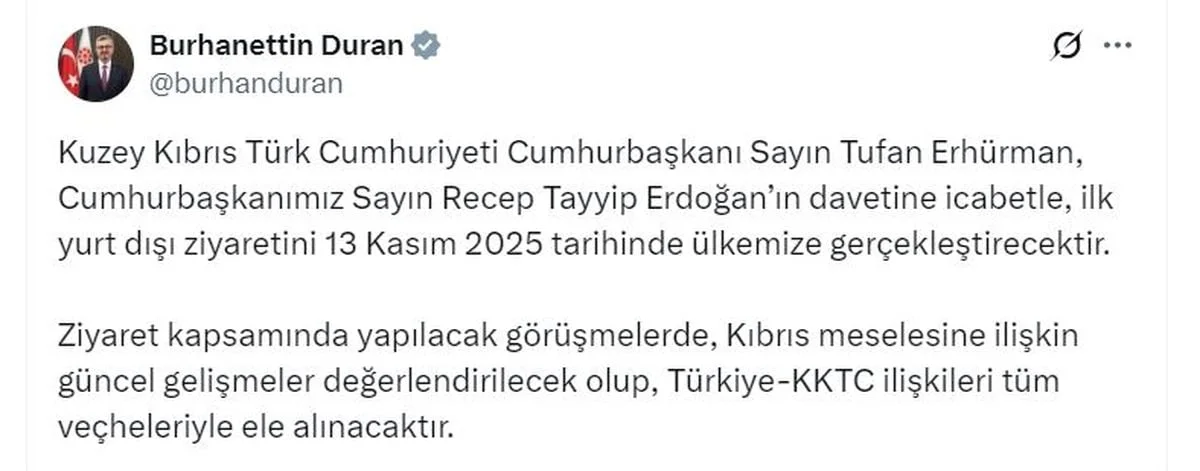 KKTC Cumhurbaşkanı Erhürman, 13 Kasım'da Türkiye'ye gelecek